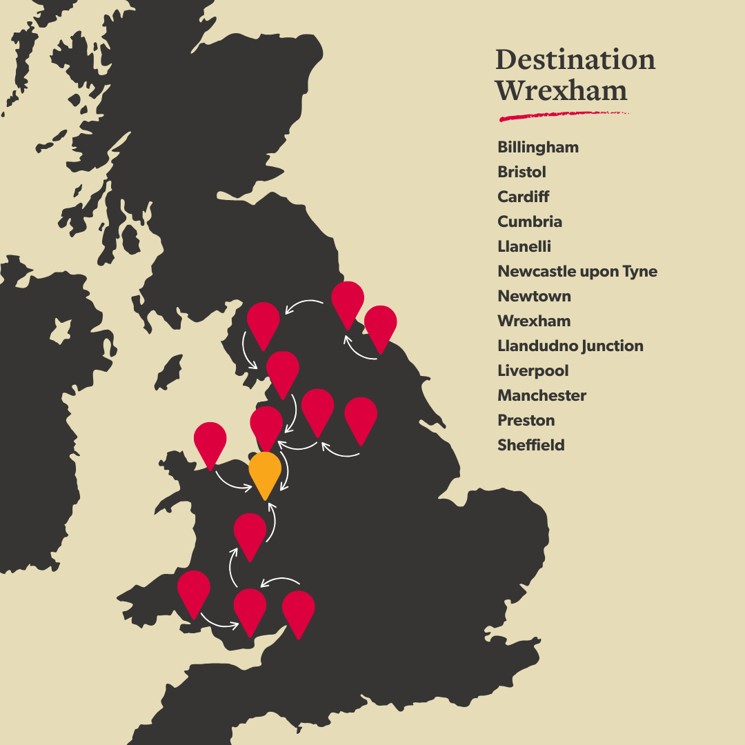 A map showing the route for Destination Wrexham