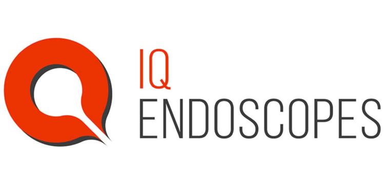 Llun sy'n dangos logo IQ Endoscopes. 