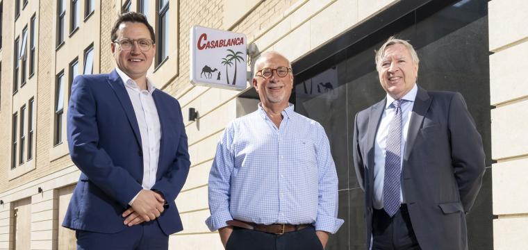 James Brennan, Dan Ronson and Martin Leech standing outside the Casablanca Building