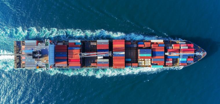 Aerial view of fully loaded container ship