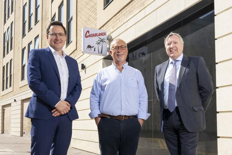 James Brennan, Dan Ronson and Martin Leech standing outside the Casablanca Building